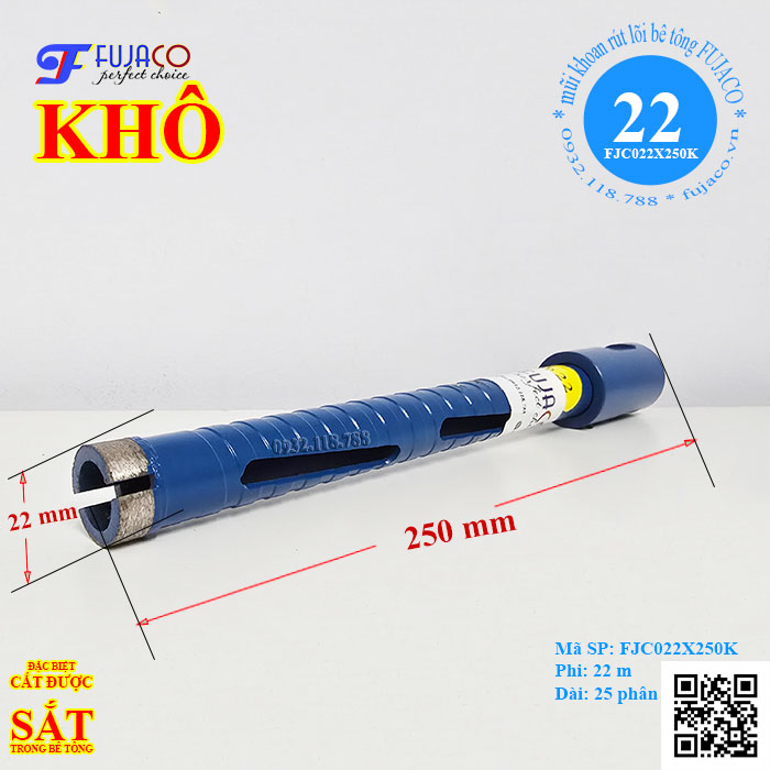 Mũi khoan rút lõi khô phi 22 x 250 mm Fujaco Mũi khoan rút lõi khô phi 22 x 250 mm Fujaco