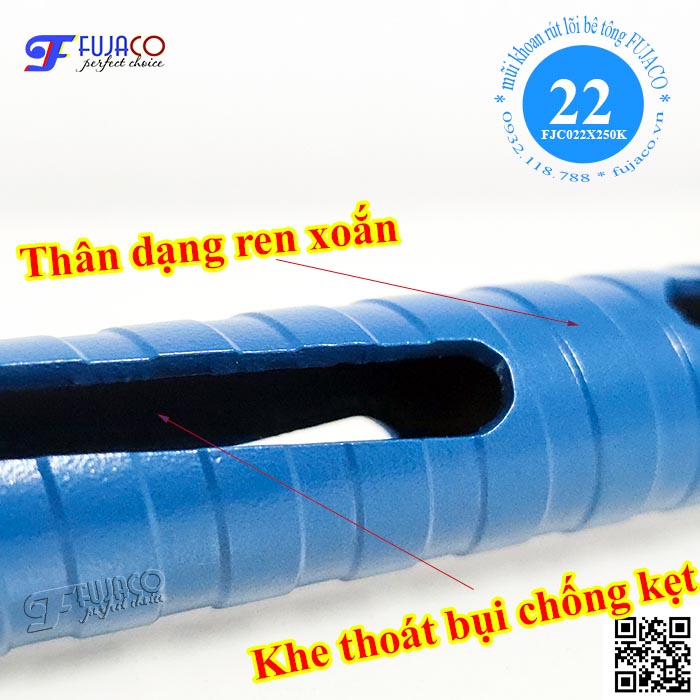 Mũi rút lõi khô 22 x 250 có thân dạng ren xoắn có khe thoát bụi chống kẹt Mũi rút lõi khô 22 x 250 có thân dạng ren xoắn có khe thoát bụi chống kẹt